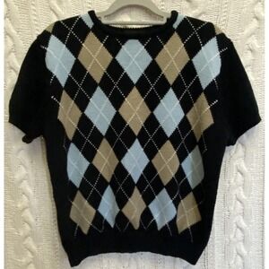 Whitney Brooks Vtg Argyle Navy Wool Blend S/S Sweater Women's L Grandpa Academia